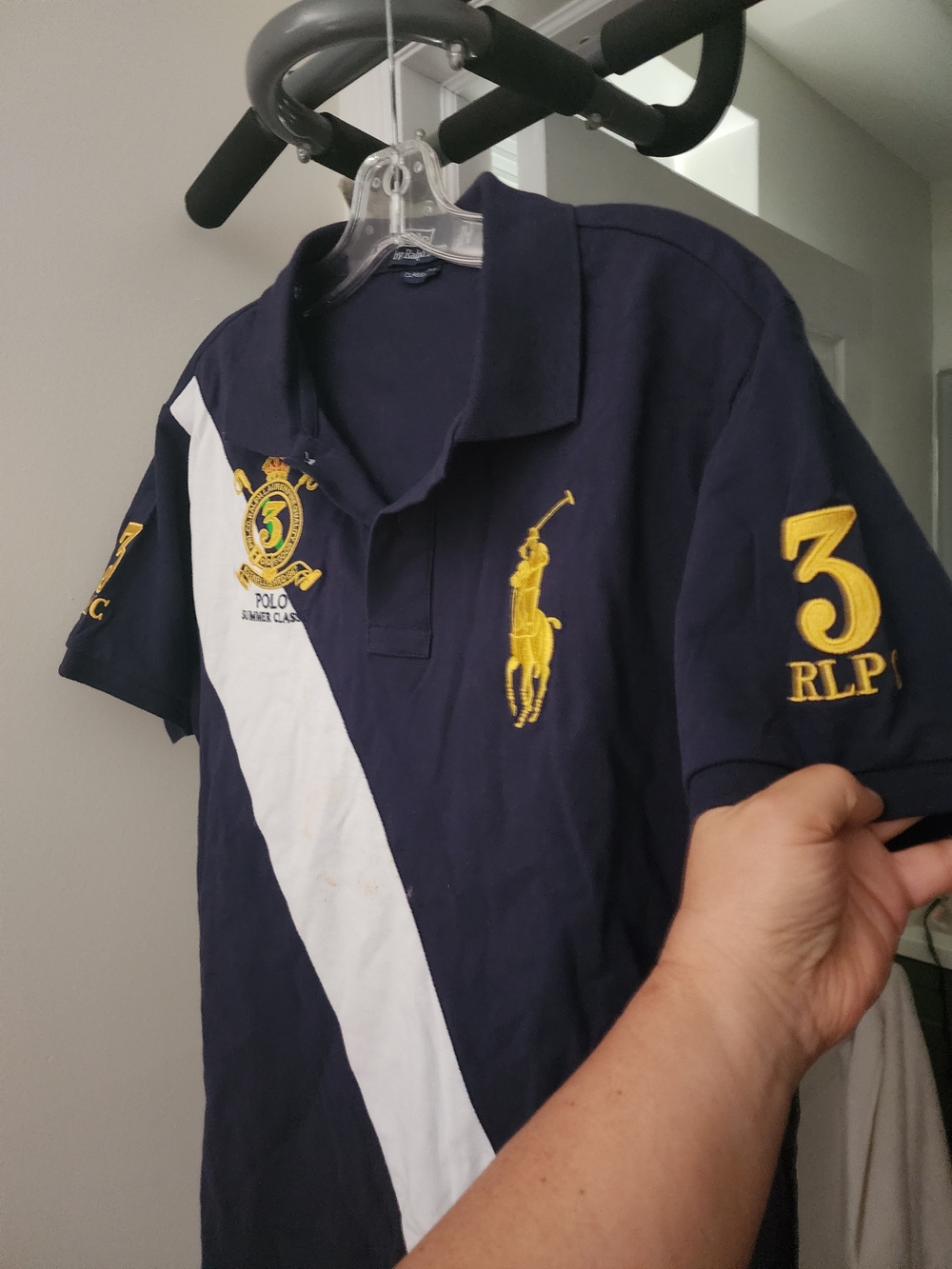 Ralph Lauren Navy Polo with White Diagonal Stripe and Yellow Embroidered Crest - Picture 3 of 7